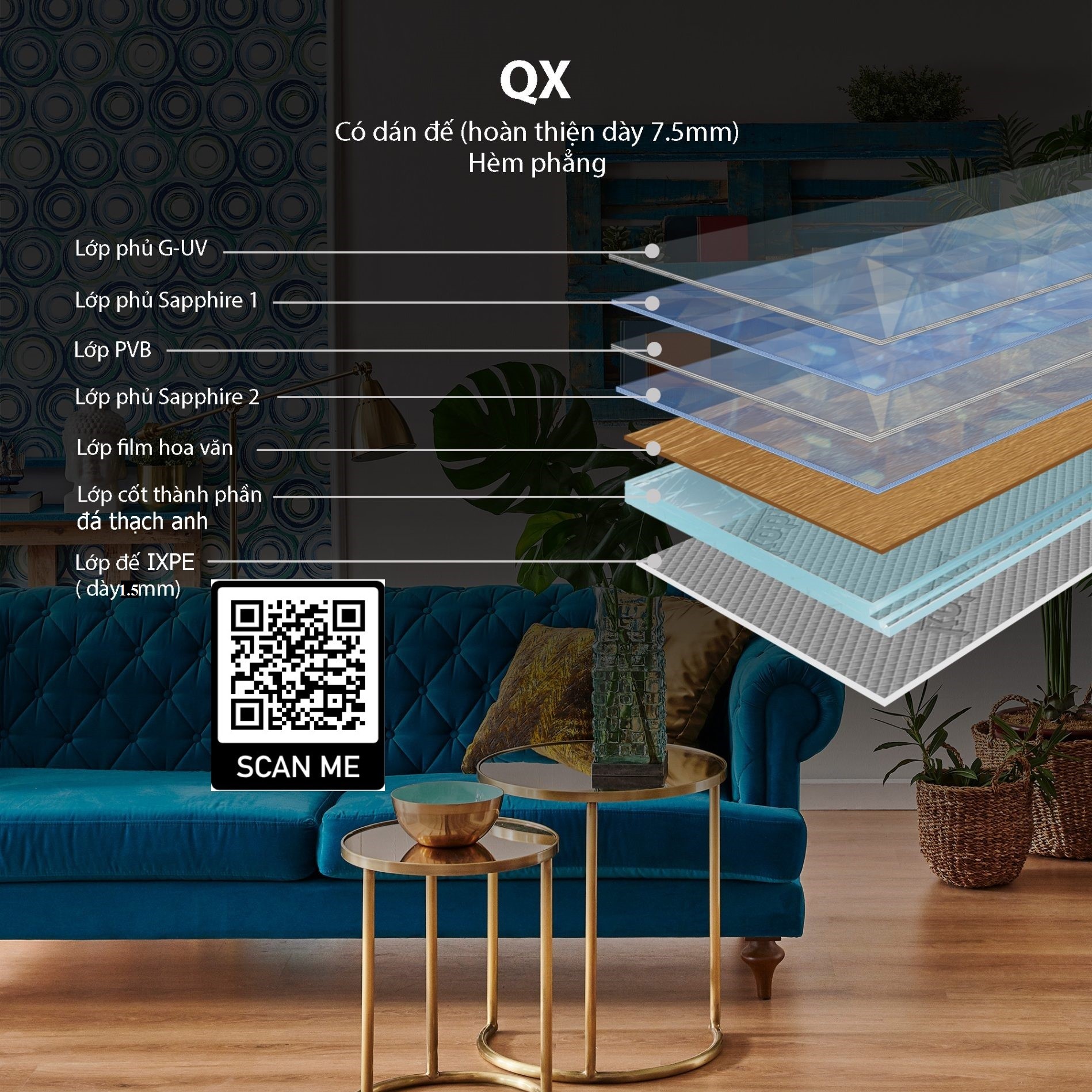 Sơ đồ 6 lớp cấu tạo sàn thạch anh Kobler QX30 với đế IXPE 1.5mm